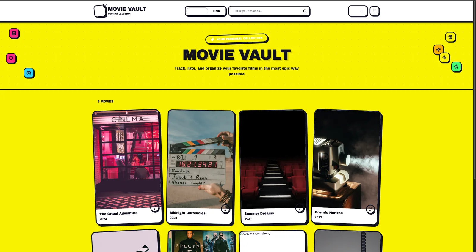 Movie Vault design: a grid of movie cards on a yellow background