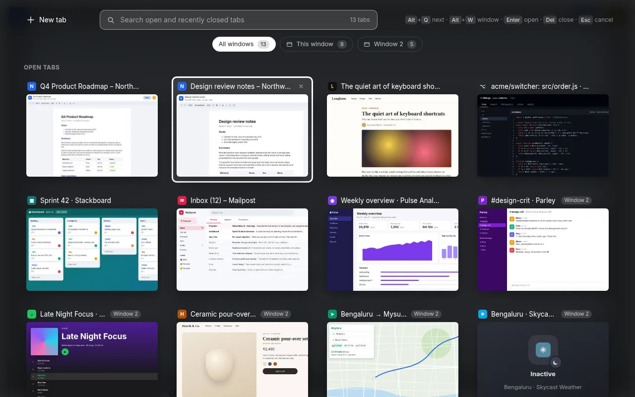 Tabatha switcher showing live previews of open tabs